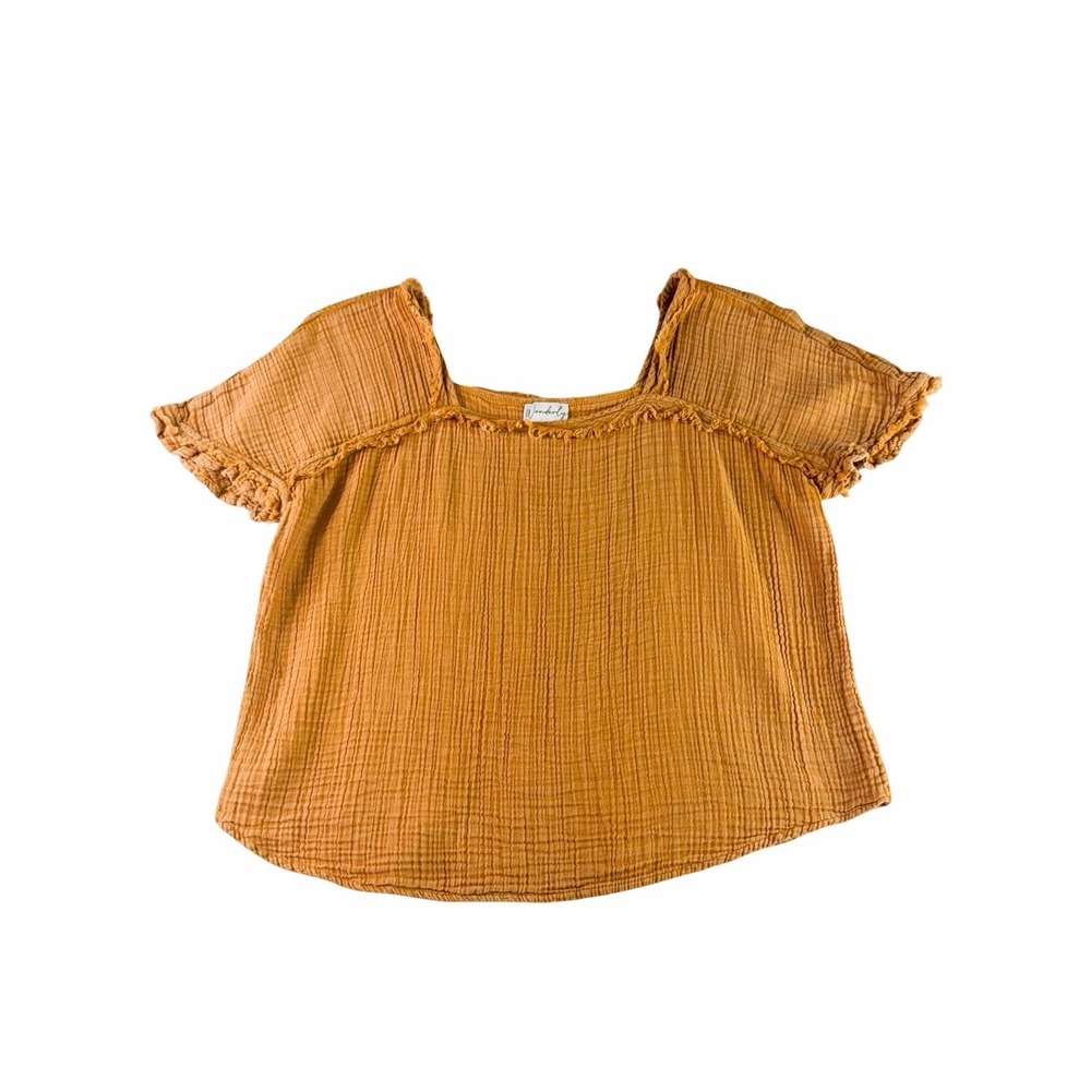 Wonderly Mustard Gauze Boho Peasant Top Womens Small Cottagecore Prairie Blouse